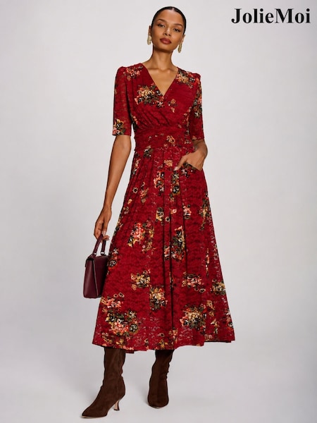 Red - Jolie Moi Half Sleeve Print Lace Maxi Dress