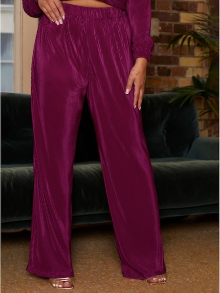 Chi Chi London Burgundy Red Elasticated Waist Wide Leg Plisse Trousers (117415) | 111 QAR