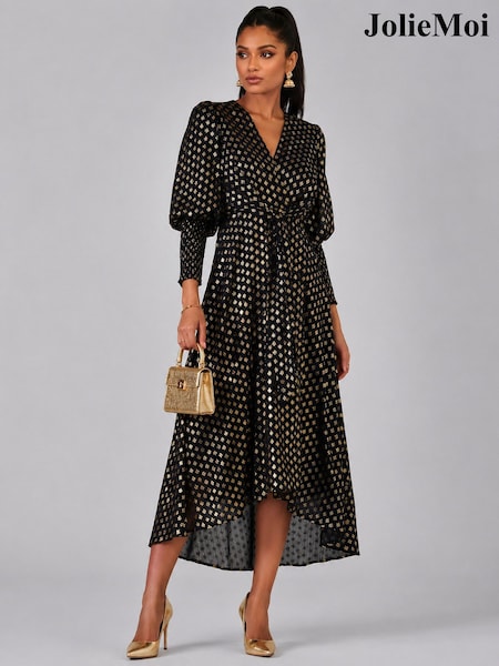 Black - Jolie Moi Puff Sleeve Metalic Spot Print Dip Hem Maxi Dress