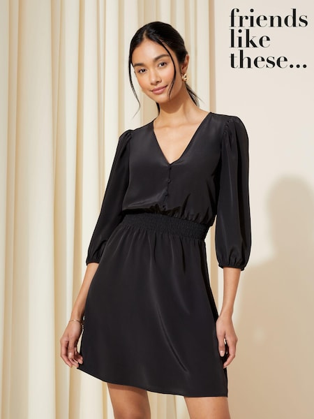 Черный - Friends Like These Shirred Waist 3/4 Sleeve Mini Dress (117807) | €9
