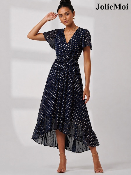 Blue - Jolie Moi Metallic Angel Sleeve Maxi Dress