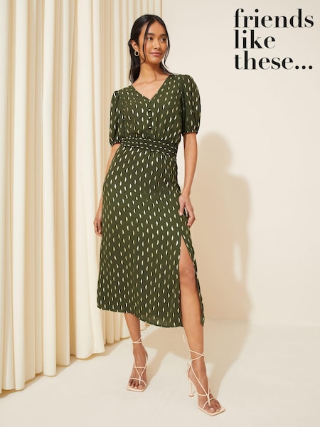 Friends Like These Khaki Green Puff Sleeve Ruched Waist V Neck Midi Dress (118028) | €32