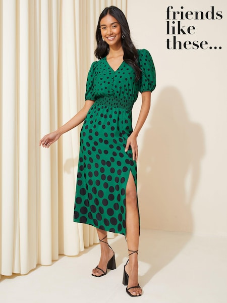 Verde cu buline - Rochie midi cu mânecă bufantă și Guler în V Friends Like These (118090) | 139 LEI