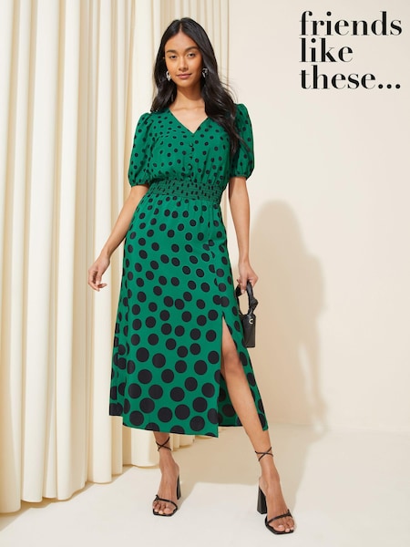 Verde cu buline - Rochie midi cu mânecă bufantă și Guler în V Friends Like These (118132) | 139 LEI