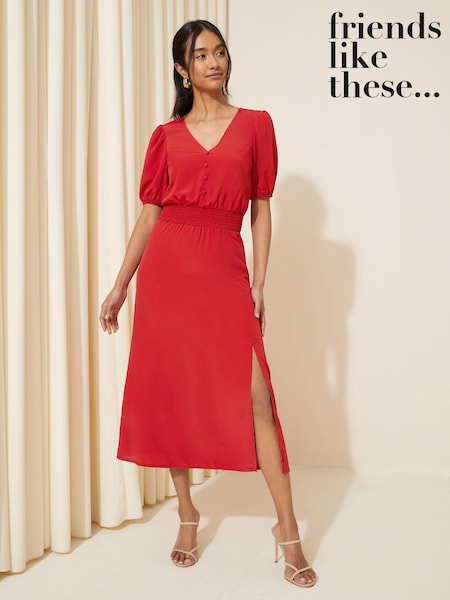Friends Like These Bright Red Puff Sleeve Ruched Waist V Neck Midi Summer Dress (118162) | €25
