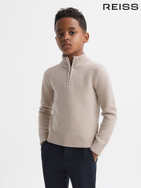 Reiss Oatmeal Melange Tempo Senior Slim Fit Knitted Half-Zip Funnel Neck Jumper (119133) | €64