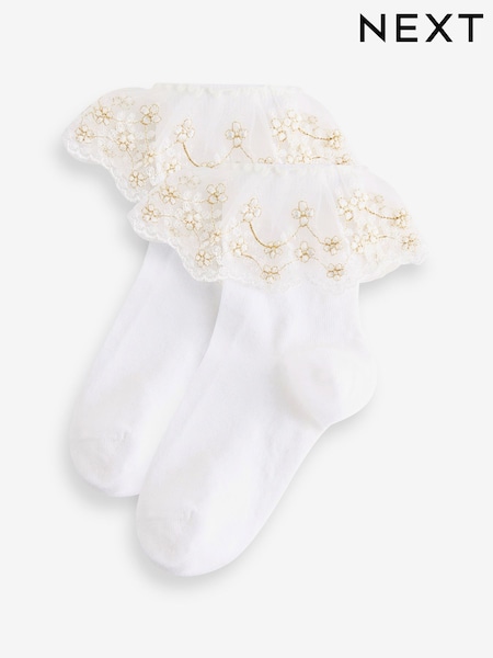 Blanco - 2 Pack Cotton Rich Flower Girl Ruffle Ankle Socks (119414) | 8 € - 10 €