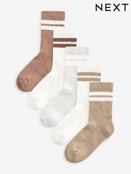 Neutral/Braun/Weiß/Grau - Cushioned Footbed Cotton Rich Ribbed Tipped Socks 5 Pack (119592) | 10 € - 14 €