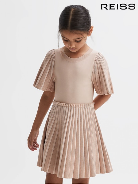 Reiss Pink Rosalie 4-9 yrs Pleated Metallic Short Sleeve Dress (119630) | AED468