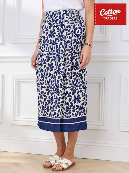 Blue - Cotton Traders Printed Mock Wrap Linen Blend Midi Skirt
