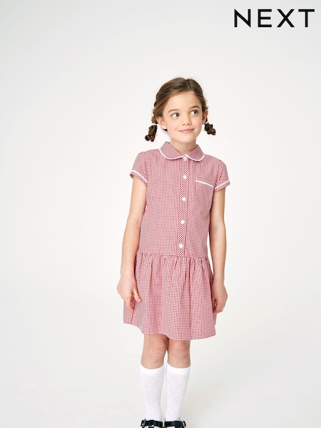 Röd - Cotton Rich Drop Waist Gingham School Dress (3-14yrs) (120617) | kr120 - kr170