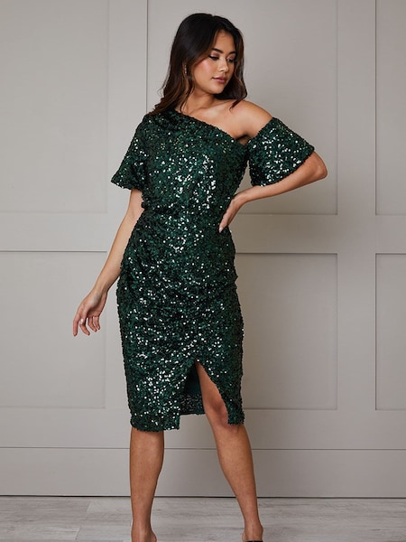 Chi Chi London Green One Shoulder Ruched Sequin Midi Dress (120667) | €58