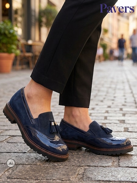 Navy Blue - Pavers Wide Fit Heeled Moccasins