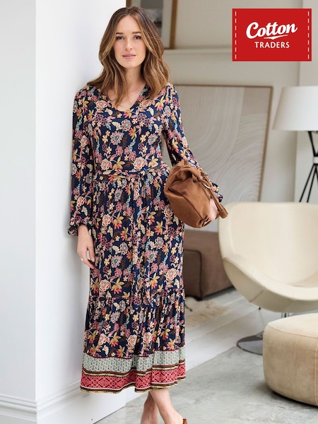 Blue - Cotton Traders Jersey Tiered Maxi Dress