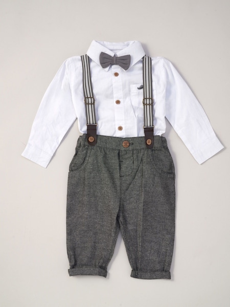 Gris blanc - Little Gent Baby 100% Cotton Mock Shirt Bodysuit and Braces Dungarees 3 (combinaison et salopette à bretelles) Ensemble cadeau de pièces (120916) | € 24