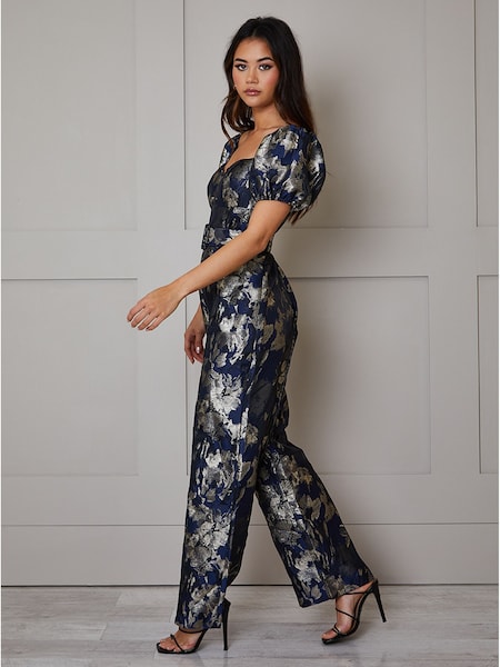 Chi Chi London Puff Sleeve Jacquard Wide Leg Jumpsuit (120989) | €57