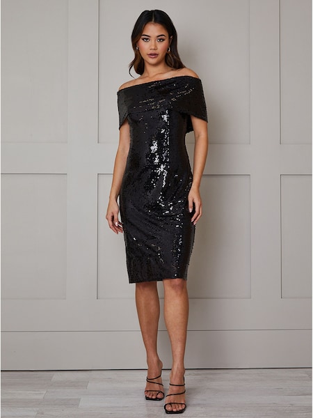 Chi Chi London Black Bardot Sequin Bodycon Midi Dress (121063) | €65
