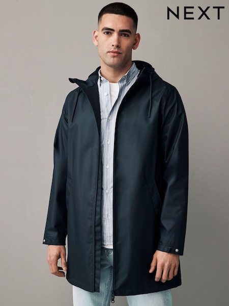 Navy Blue Long Length Rubberised Waterproof Hooded Jacket (121658) | €32