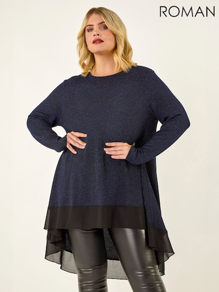 Azul - Blusa tipo túnica con dobladillo de gasa brillante y curva Roman
