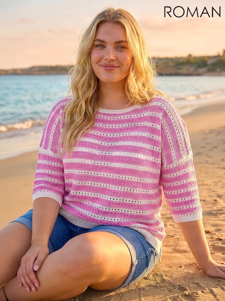 Pink - Roman Curve Crochet Stripe Knit Jumper
