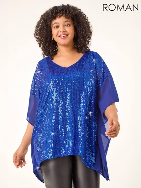 Azul - Top con panel superpuesto de gasa con lentejuelas Curve de Roman