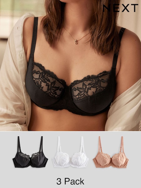 Black/White/Praline Nude 3 Pack DD+ Non Pad Wired Full Cup Microfibre Lace Bra (122368) | SGD 77