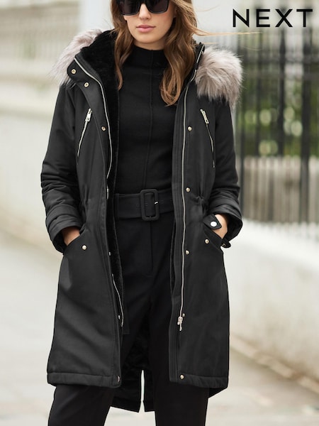 Black Longline Shower Resistant Cotton Blend Padded Parka (122650) | €33
