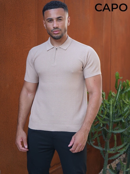 Natural - Regular Capo Micro Square Zip Polo Shirt