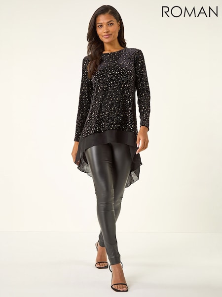 Metallic - Roman Star Print Velvet Chiffon Hem Top