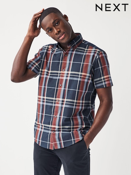 Navy Blue/Burgundy Red Madras Check Easy Iron Button Down Oxford Shirt (124028) | €4
