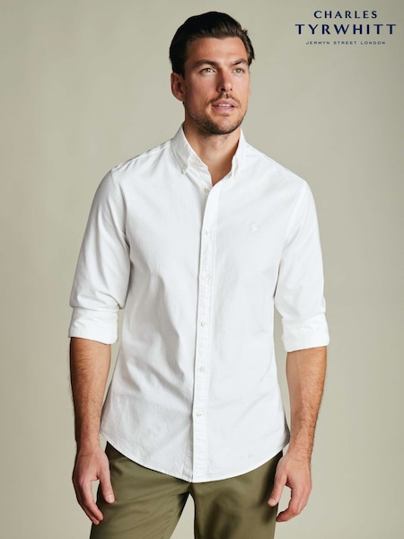 White - Regular Fit Charles Tyrwhitt Plain Button-down Stretch Washed Oxford Shirt