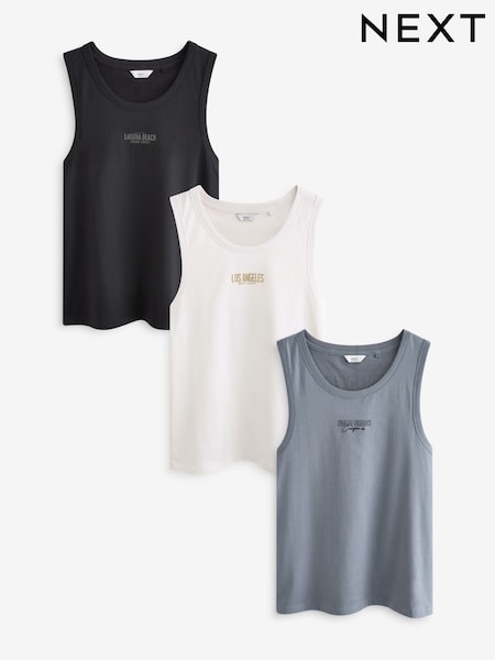 Black/White/Blue 3 Pack Summer Front Print Graphic Vests (126723) | €19
