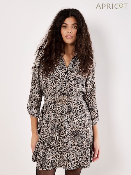 Natural - Apricot Animal Print Crepe Shirt Mini Dress