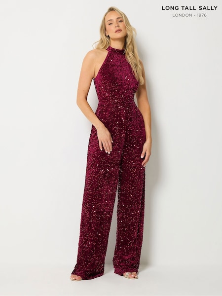 Rojo - Long Tall Sally Mono largo de terciopelo con lentejuelas y pernera ancha