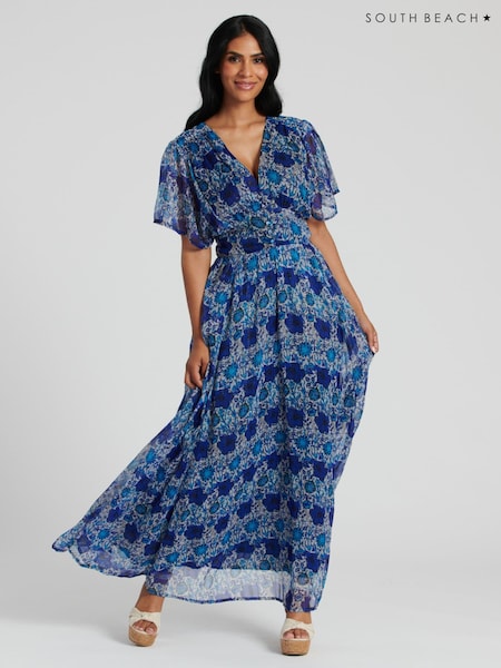 South Beach Blue Metallic Chiffon Button Detail Midi Dress (127409) | €30