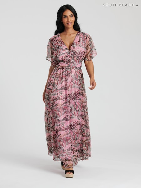 Розовый - South Beach Metallic Chiffon Button Detail Midi Dress (127412) | €26