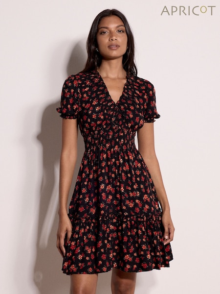 Negro - Minivestido fruncido con estampado floral de Apricot