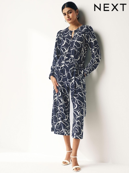 Navy Blue Swirl Print Long Sleeve Belted Jumpsuit (127551) | €9