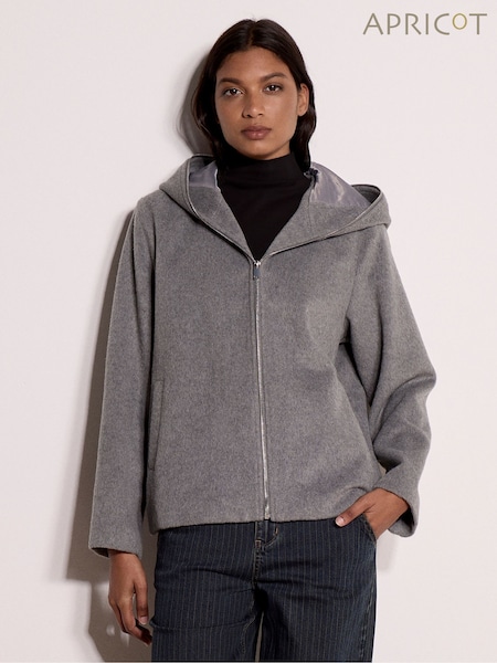 Grey - Apricot Wool Look Hooded Jacket