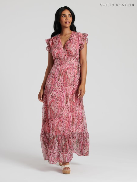 South Beach Pink Metallic Print Wrap Midi Dress (127701) | €30