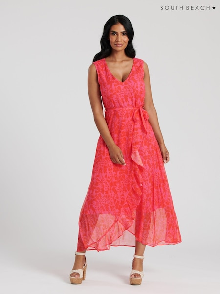 South Beach Red Chiffon V-Neck Frill Wrap Midi Dress (127718) | 104 QAR