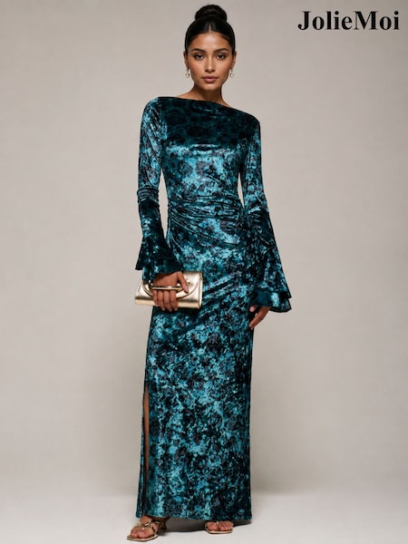 নীল - Jolie Moi Ruffle Sleeve Velvet Maxi Dress