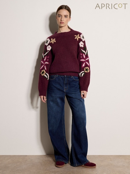 Red - Apricot Embroidered Floral Sleeve Chunky Knit Jumper