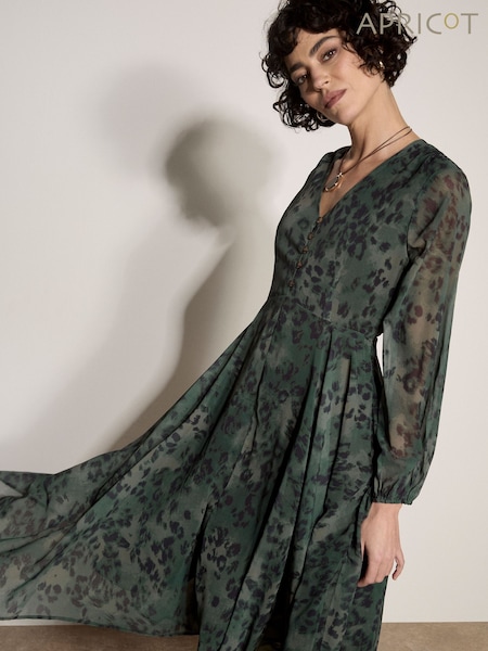 Grön - Apricot Leopard Tryck Chiffong Midi Klänning