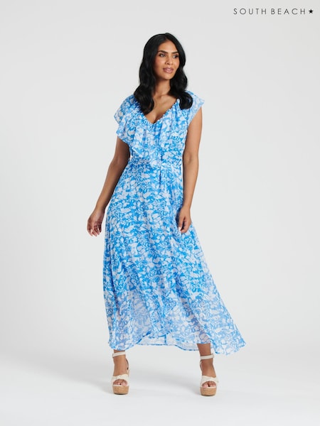 South Beach Blue Chiffon Print Frill Neck Wrap Midi Dress (127881) | 114 QAR