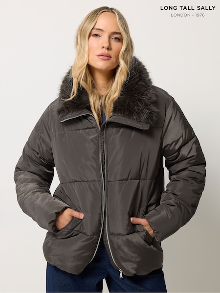 Brown - Long Tall Sally Faux Fur Collar Padded Coat