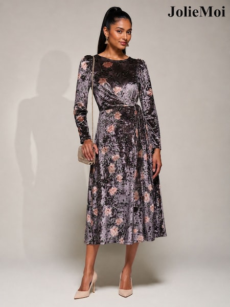 Purple - Jolie Moi Velvet Tie Detail Midi Dress