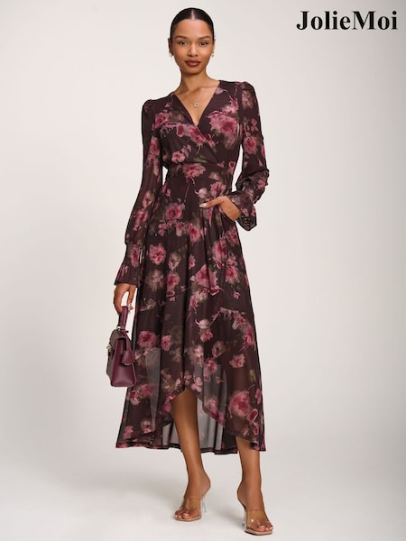 Red - Jolie Moi Printed Frill Mesh Maxi Dress