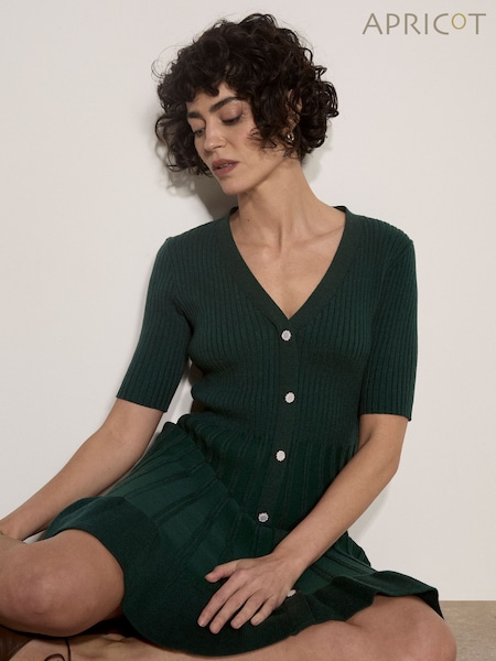 Жасыл - Apricot Ribbed Knit Fit And Flare Mini көйлек