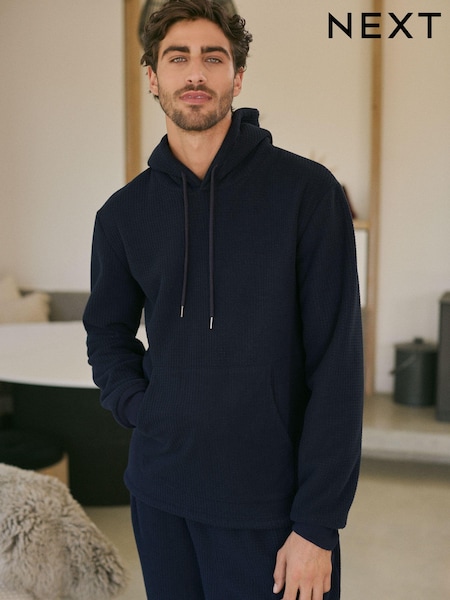 Navy Blue Overhead Fleece Borg Lined Textured Hoodie (129428) | €14.50